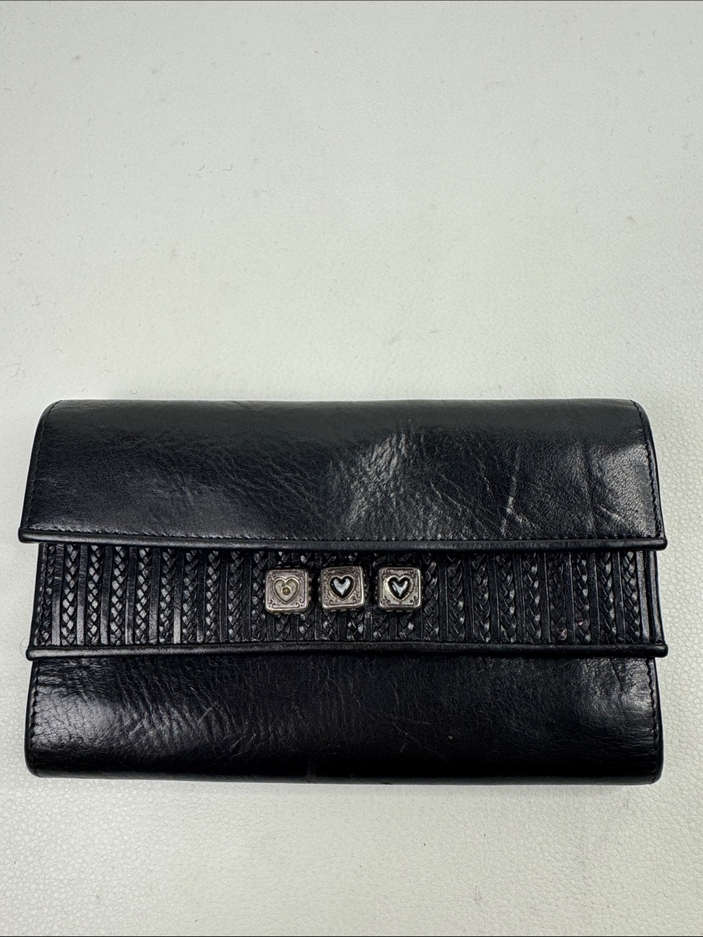 Vintage Brighton Black Leather Folding Wallet Heart Stud Accents pockets braided